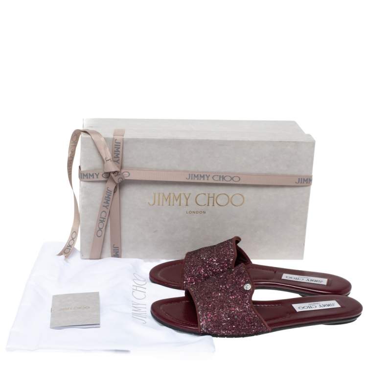 Pre Owned Jimmy Choo Burgundy Twilight Glitter Fabric Nanda Slide Flats Size 38.5