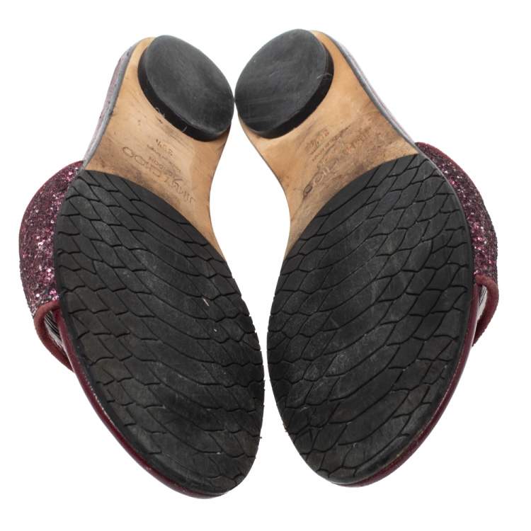 Pre Owned Jimmy Choo Burgundy Twilight Glitter Fabric Nanda Slide Flats Size 38.5