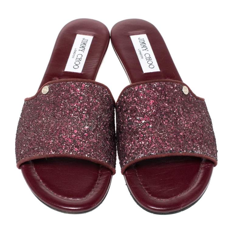 Pre Owned Jimmy Choo Burgundy Twilight Glitter Fabric Nanda Slide Flats Size 38.5