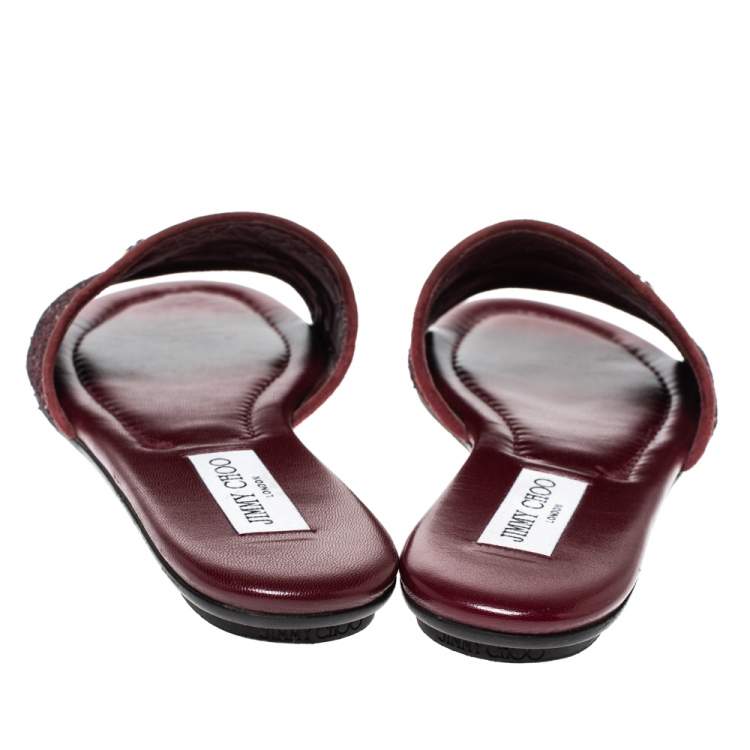 Pre Owned Jimmy Choo Burgundy Twilight Glitter Fabric Nanda Slide Flats Size 38.5