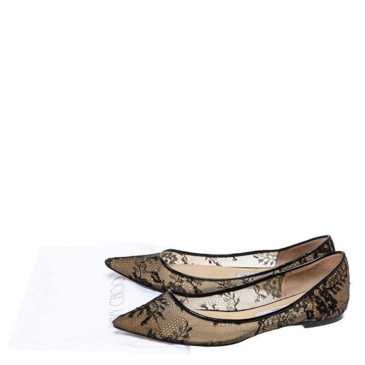 Pre Owned Jimmy Choo Black Mesh and Lace Romy Pointed Ballerina Size 38