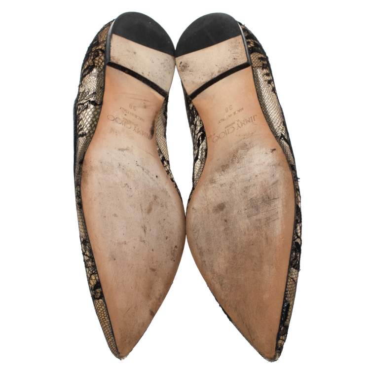Pre Owned Jimmy Choo Black Mesh and Lace Romy Pointed Ballerina Size 38