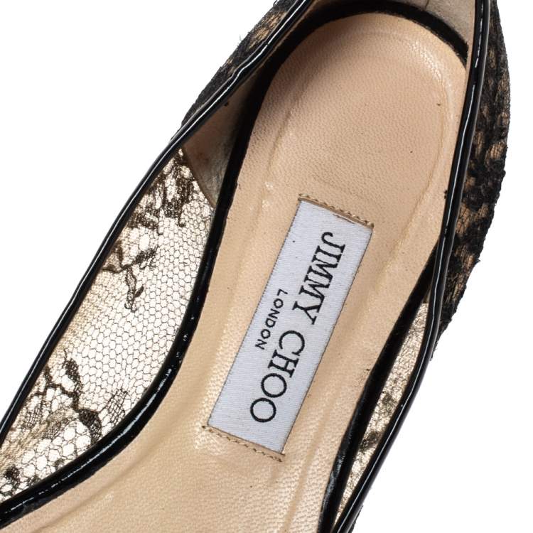 Pre Owned Jimmy Choo Black Mesh and Lace Romy Pointed Ballerina Size 38