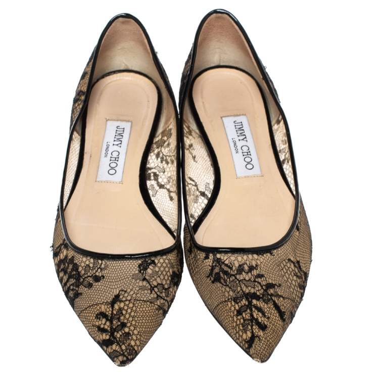 Pre Owned Jimmy Choo Black Mesh and Lace Romy Pointed Ballerina Size 38