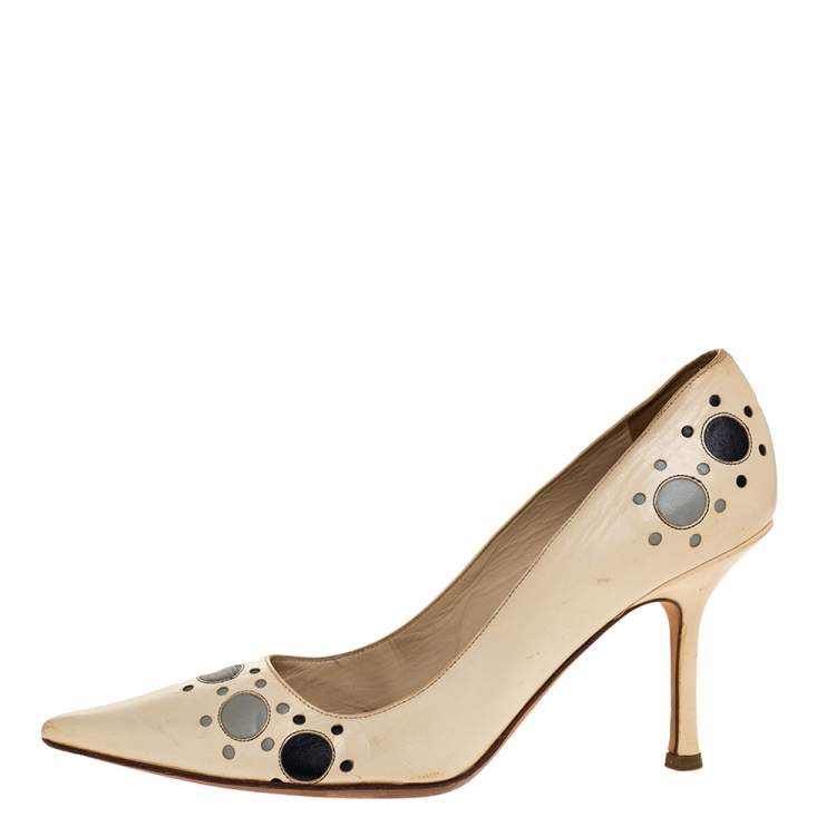 Pre Owned Jimmy Choo Cream Leather Circle Detail Pointed Toe Pumps Size 38.5