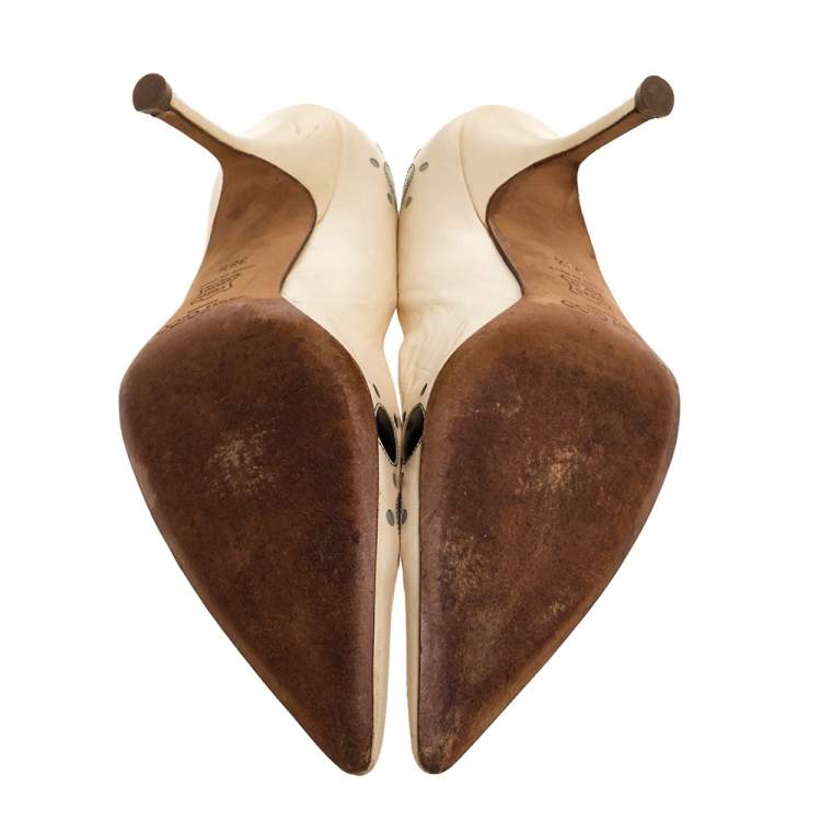 Pre Owned Jimmy Choo Cream Leather Circle Detail Pointed Toe Pumps Size 38.5