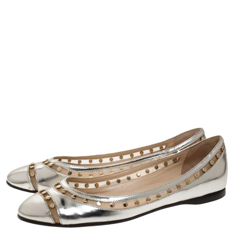Pre Owned Jimmy Choo Metallic Silver Leather and Mesh Studded Wes Ballet Flats Size 38