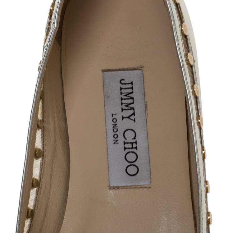 Pre Owned Jimmy Choo Metallic Silver Leather and Mesh Studded Wes Ballet Flats Size 38