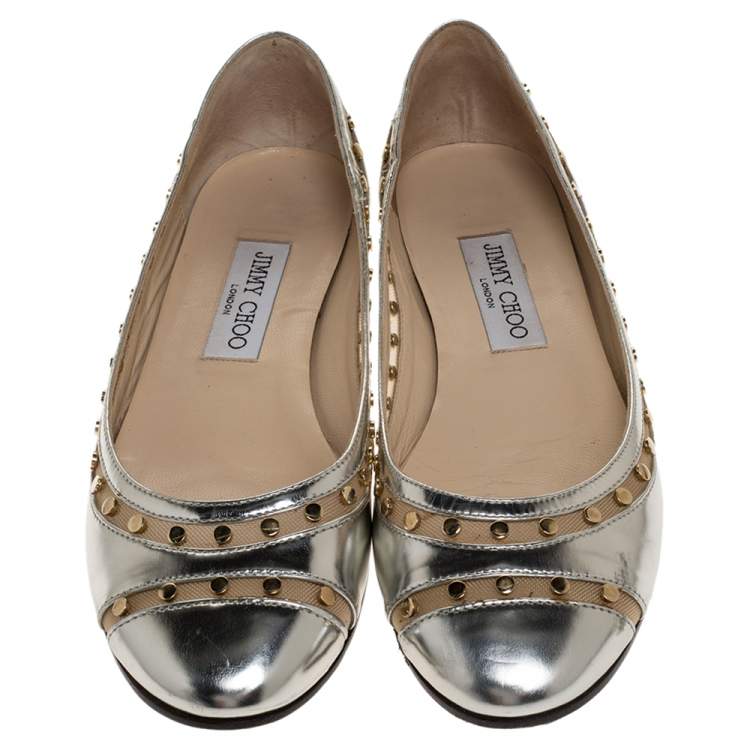 Pre Owned Jimmy Choo Metallic Silver Leather and Mesh Studded Wes Ballet Flats Size 38