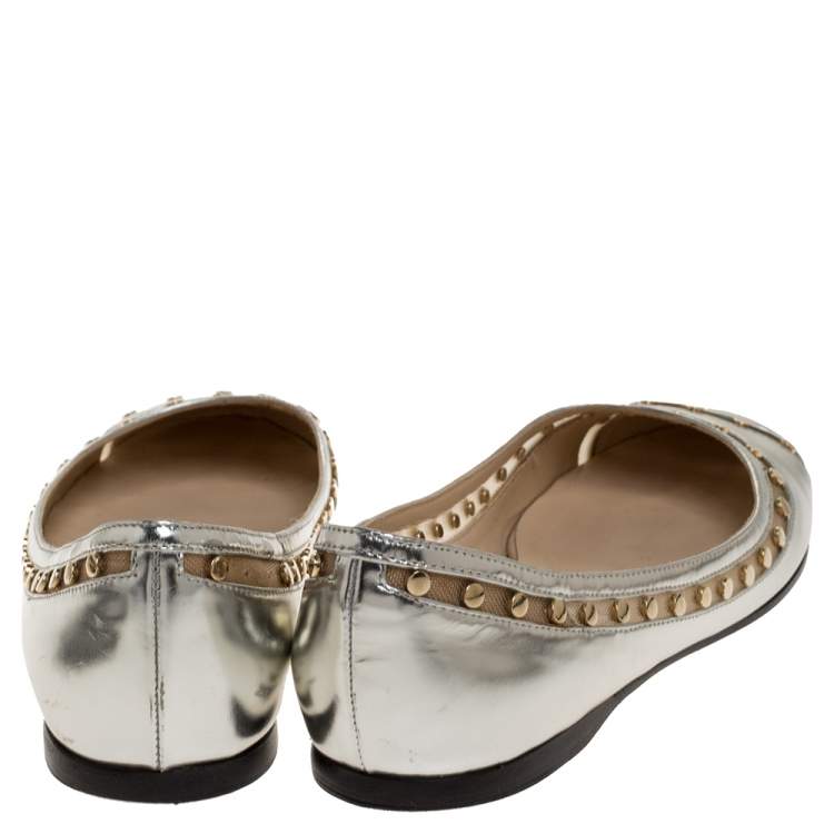 Pre Owned Jimmy Choo Metallic Silver Leather and Mesh Studded Wes Ballet Flats Size 38