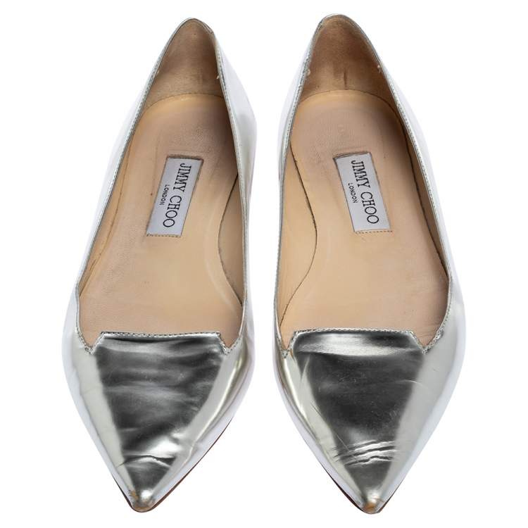 Pre Owned Jimmy Choo Metallic Silver Leather Attila Ballet Flats Size 38.5