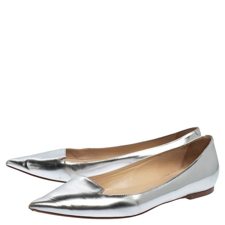 Pre Owned Jimmy Choo Metallic Silver Leather Attila Ballet Flats Size 38.5