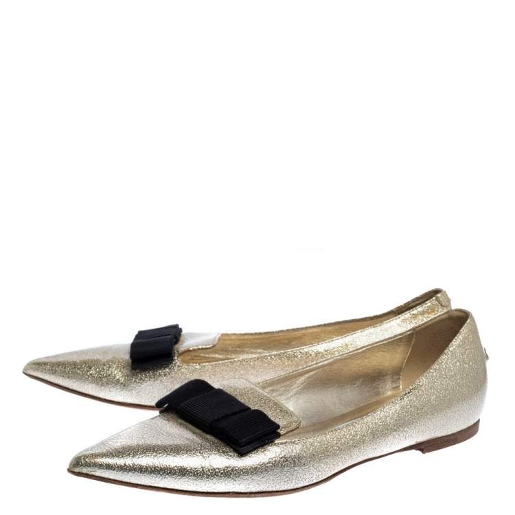 Jimmy Choo Metallic Gold Textured Leather Gala Bow Ballet Flats Size 37.5