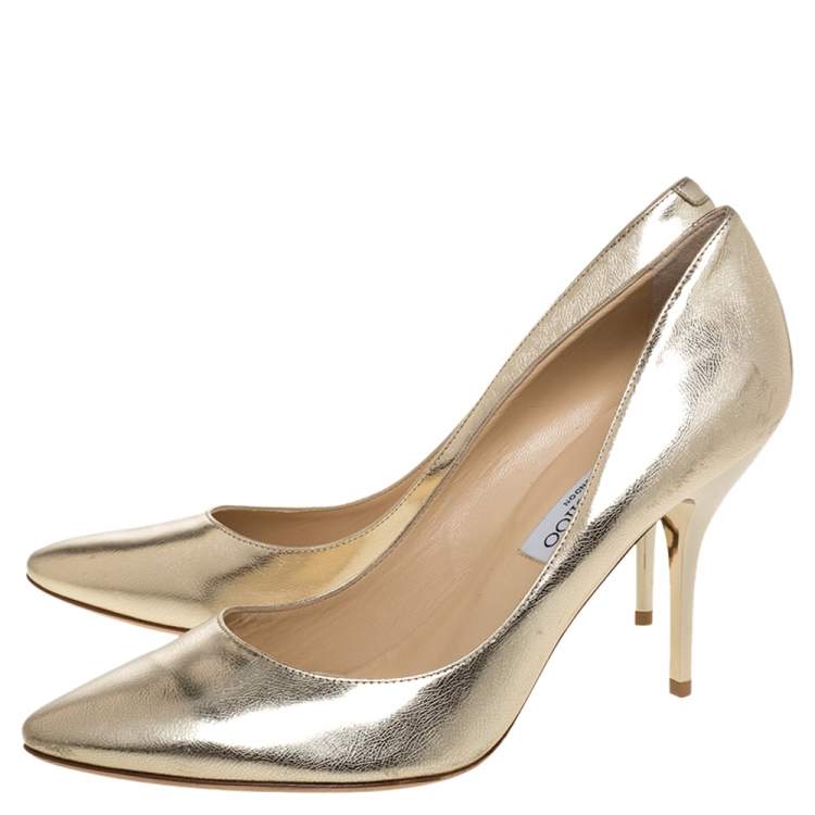 Pre Owned Jimmy Choo Metallic Gold Textured Leather Esme Almond Toe Pumps Size 42