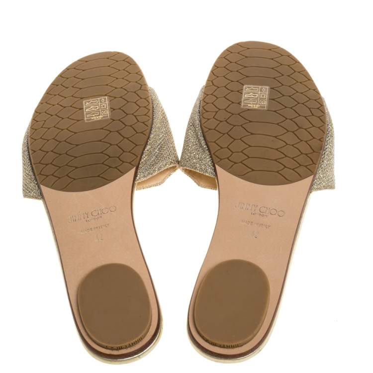 Pre Owned Jimmy Choo Metallic Gold Glitter Fabric Nanda Flat Slides Size 42