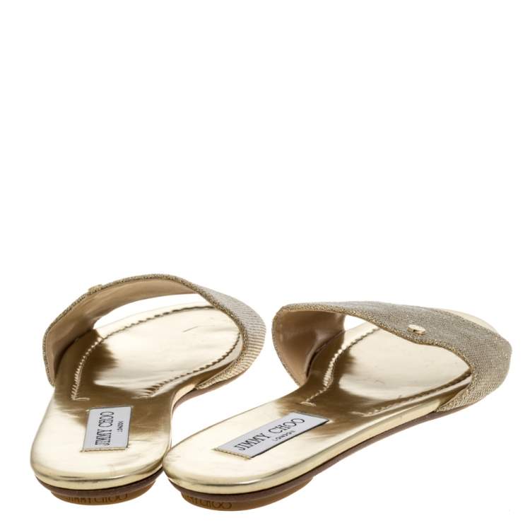 Pre Owned Jimmy Choo Metallic Gold Glitter Fabric Nanda Flat Slides Size 42