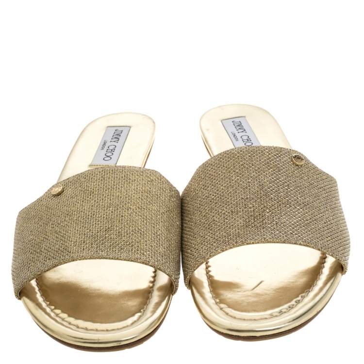 Pre Owned Jimmy Choo Metallic Gold Glitter Fabric Nanda Flat Slides Size 42