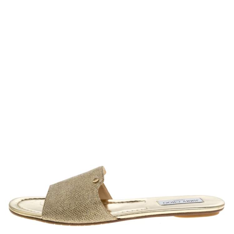 Pre Owned Jimmy Choo Metallic Gold Glitter Fabric Nanda Flat Slides Size 42
