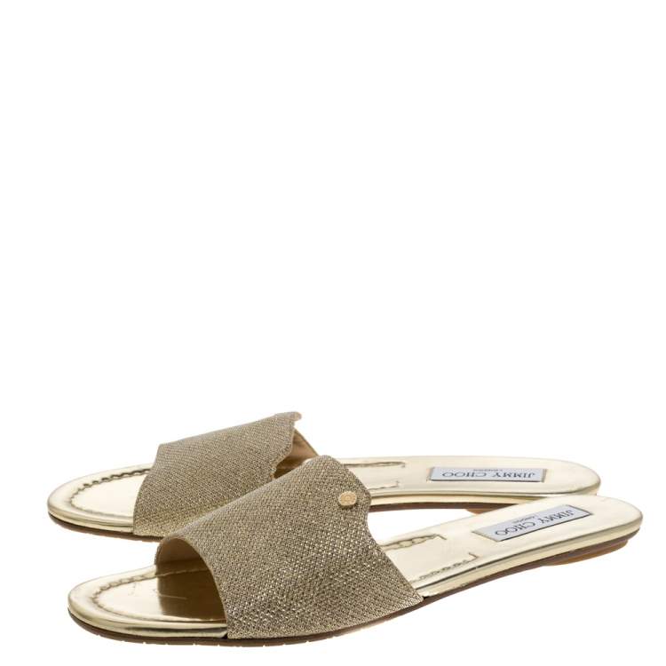 Pre Owned Jimmy Choo Metallic Gold Glitter Fabric Nanda Flat Slides Size 42