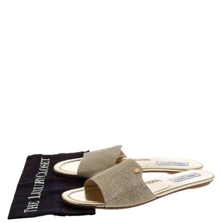 Pre Owned Jimmy Choo Metallic Gold Glitter Fabric Nanda Flat Slides Size 42