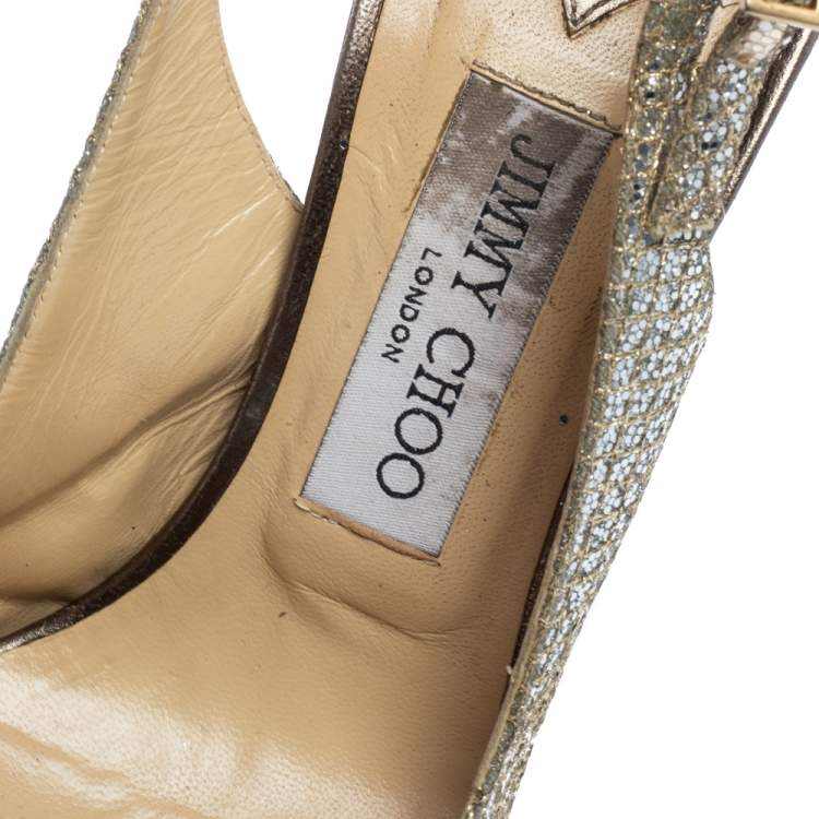 Pre Owned Jimmy Choo Metallic Gold Glitter Fabric And Embossed Leather Verity Peep Toe Platform Slingback Sandals Size 39