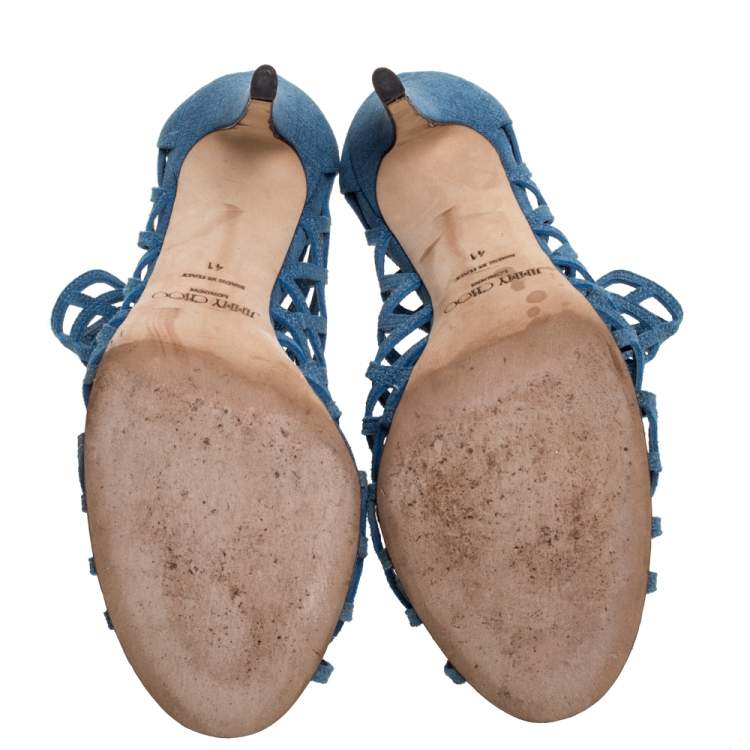 Pre Owned Jimmy Choo Blue Denim Dassa Peep Toe Cage Ankle Boots Size 41