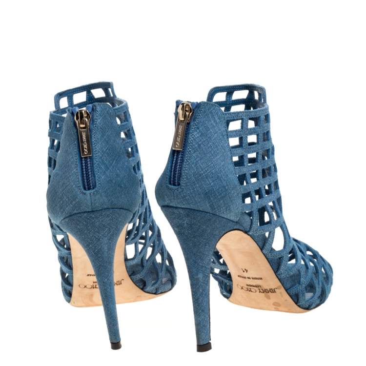 Pre Owned Jimmy Choo Blue Denim Dassa Peep Toe Cage Ankle Boots Size 41