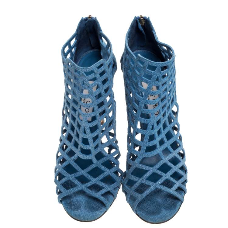 Pre Owned Jimmy Choo Blue Denim Dassa Peep Toe Cage Ankle Boots Size 41
