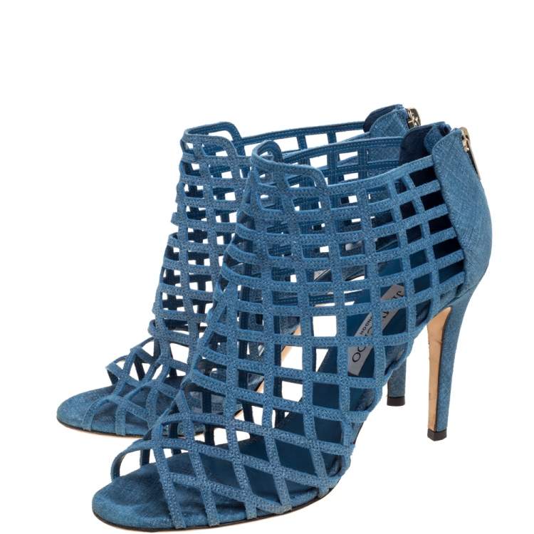 Pre Owned Jimmy Choo Blue Denim Dassa Peep Toe Cage Ankle Boots Size 41