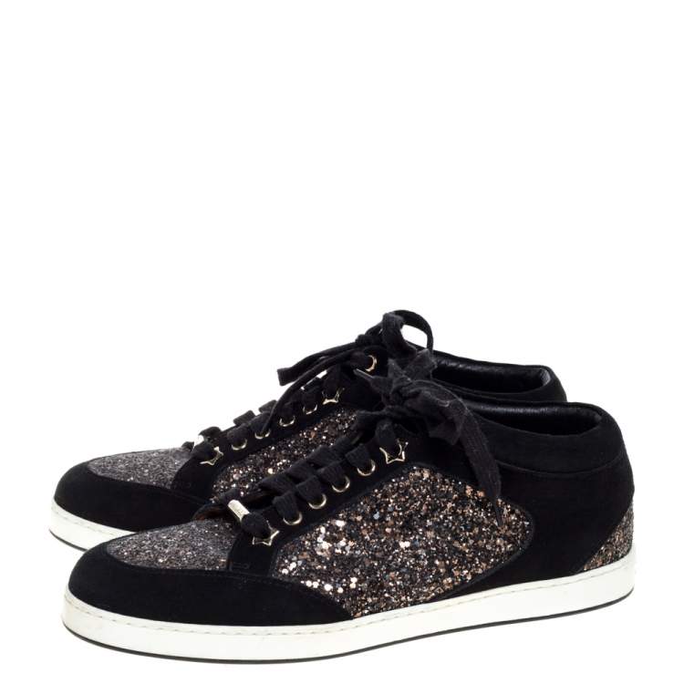 Pre Owned Jimmy Choo Black Glitter And Suede Miami Low Top Sneakers Size 40