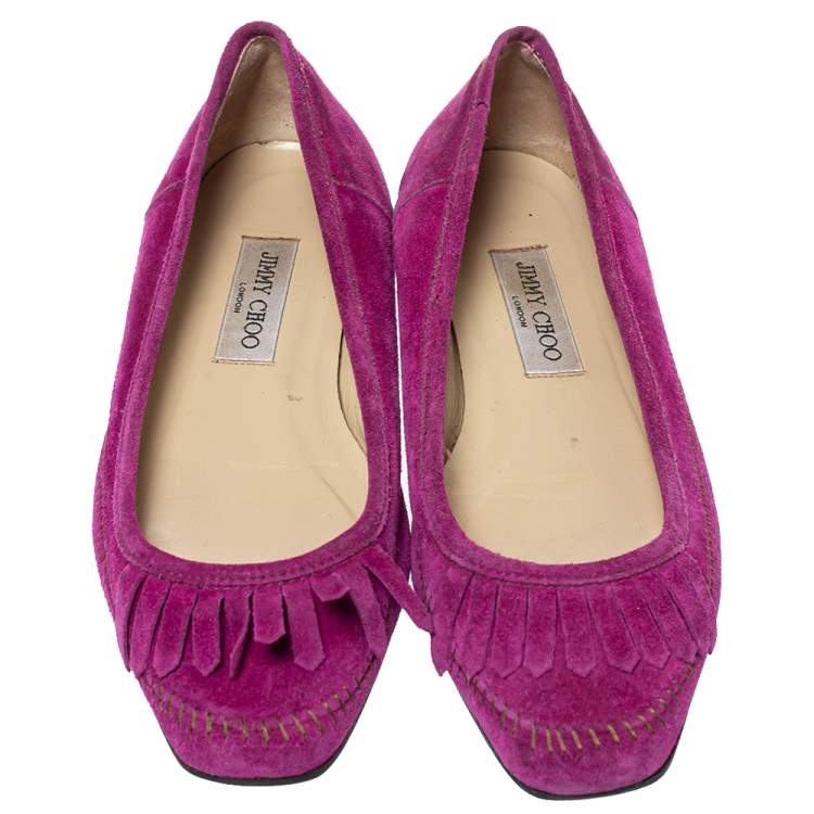 Pre Owned Jimmy Choo Magenta Suede Fringe Detail Ballet Flats Size 39