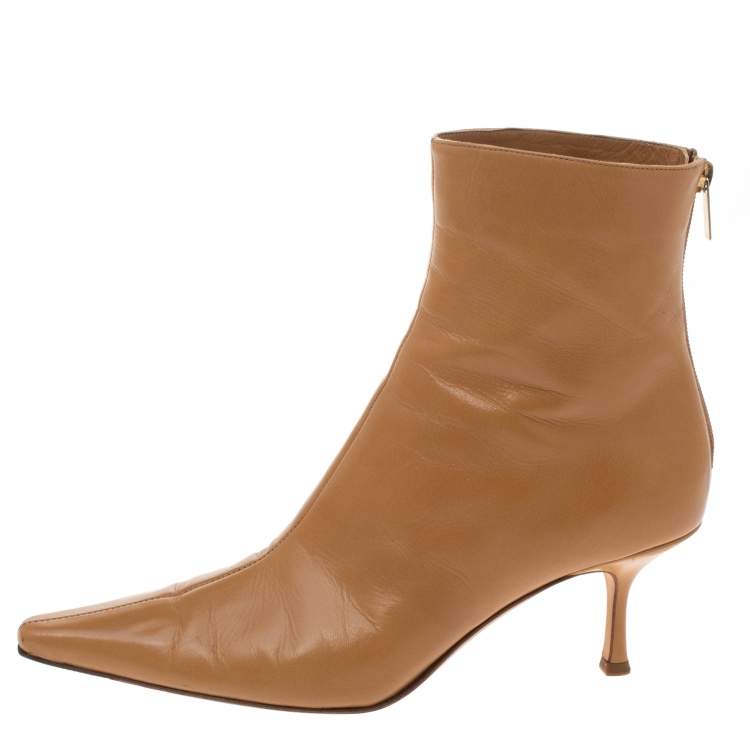 Pre Owned Jimmy Choo Camel Brown Leather Kid Pointed Toe Mid Length Boots Size 41