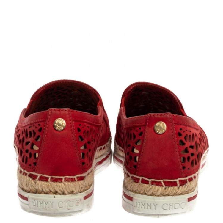 مملوكة مسبقًا Jimmy Choo Red Cut Out Leather Dawn Slip On Espadrille Flats Size 35.5