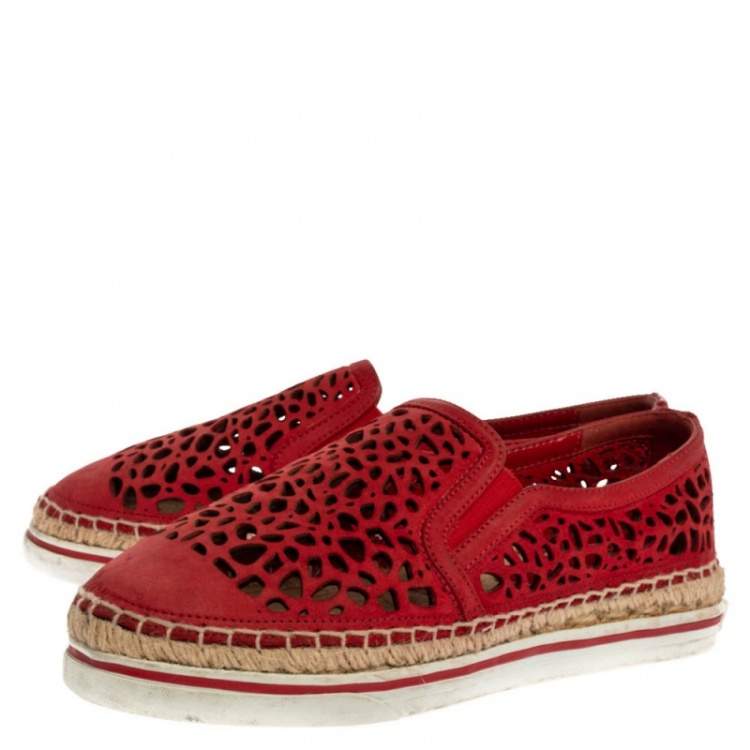 مملوكة مسبقًا Jimmy Choo Red Cut Out Leather Dawn Slip On Espadrille Flats Size 35.5