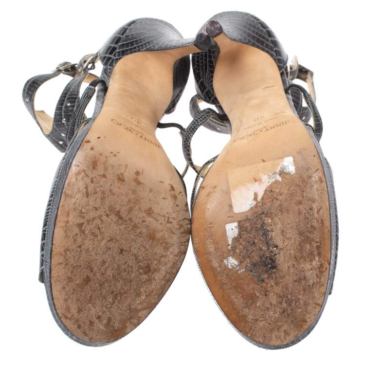 Pre Owned Jimmy Choo Grey Lizard Embossed Leather Mostyn Strappy Gladiator Sandals Size 40