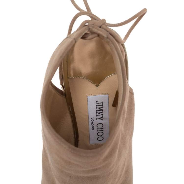 Pre Owned Jimmy Choo Beige Suede Leather Froze Peep Toe And Slingback Lace Up Ankle Booties Size 39.5