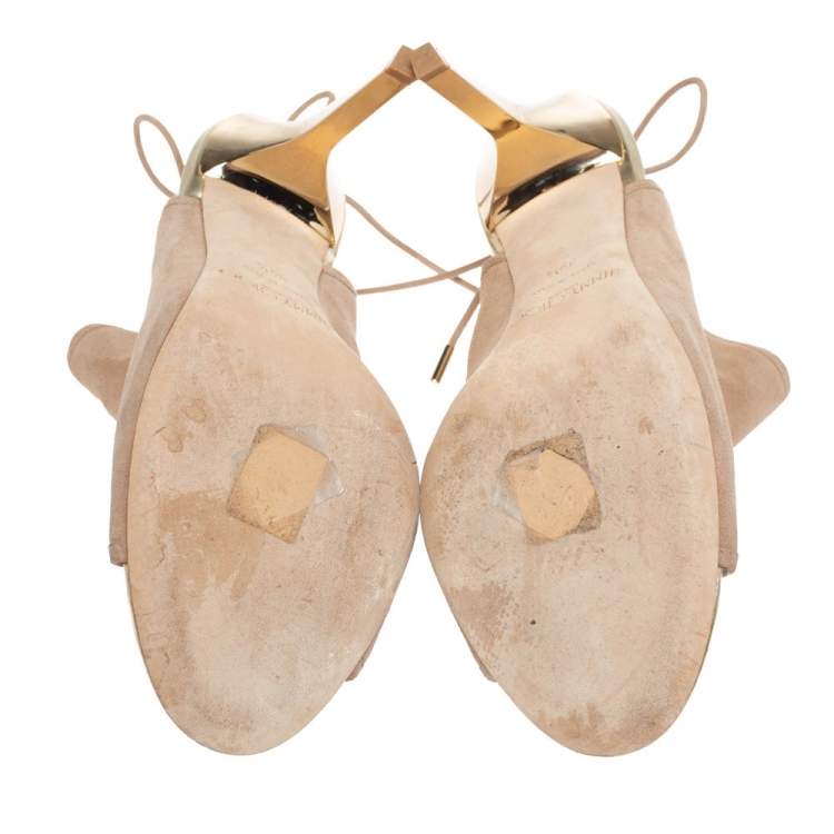 Pre Owned Jimmy Choo Beige Suede Leather Froze Peep Toe And Slingback Lace Up Ankle Booties Size 39.5