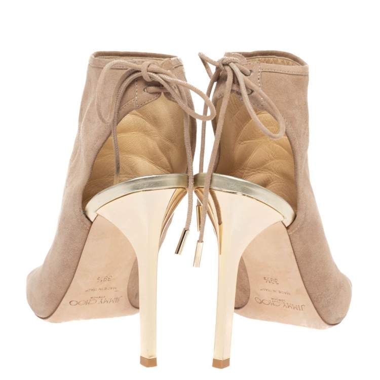 Pre Owned Jimmy Choo Beige Suede Leather Froze Peep Toe And Slingback Lace Up Ankle Booties Size 39.5