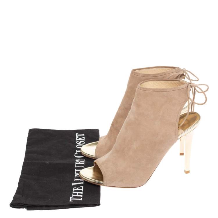 Pre Owned Jimmy Choo Beige Suede Leather Froze Peep Toe And Slingback Lace Up Ankle Booties Size 39.5