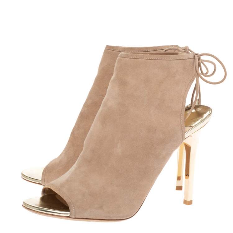 Pre Owned Jimmy Choo Beige Suede Leather Froze Peep Toe And Slingback Lace Up Ankle Booties Size 39.5
