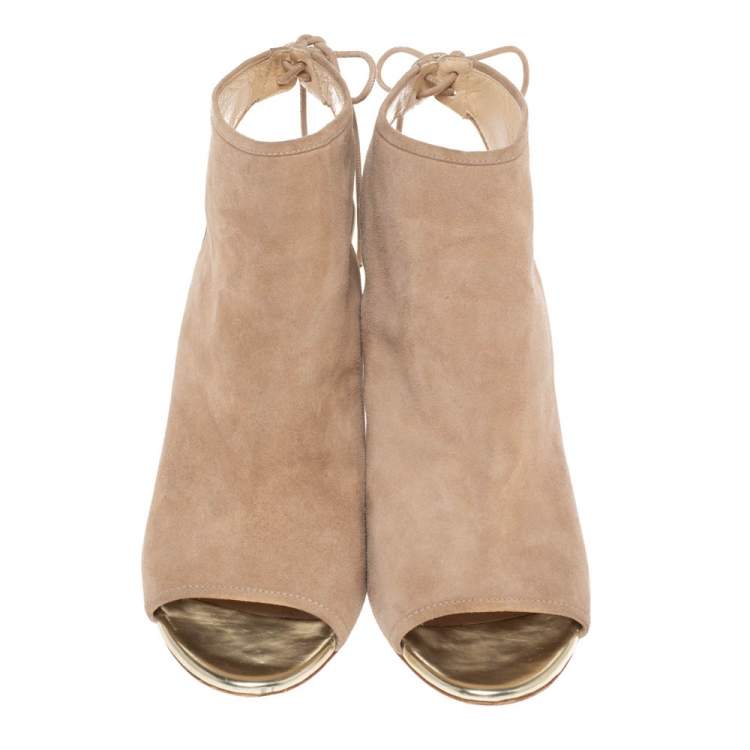 Pre Owned Jimmy Choo Beige Suede Leather Froze Peep Toe And Slingback Lace Up Ankle Booties Size 39.5