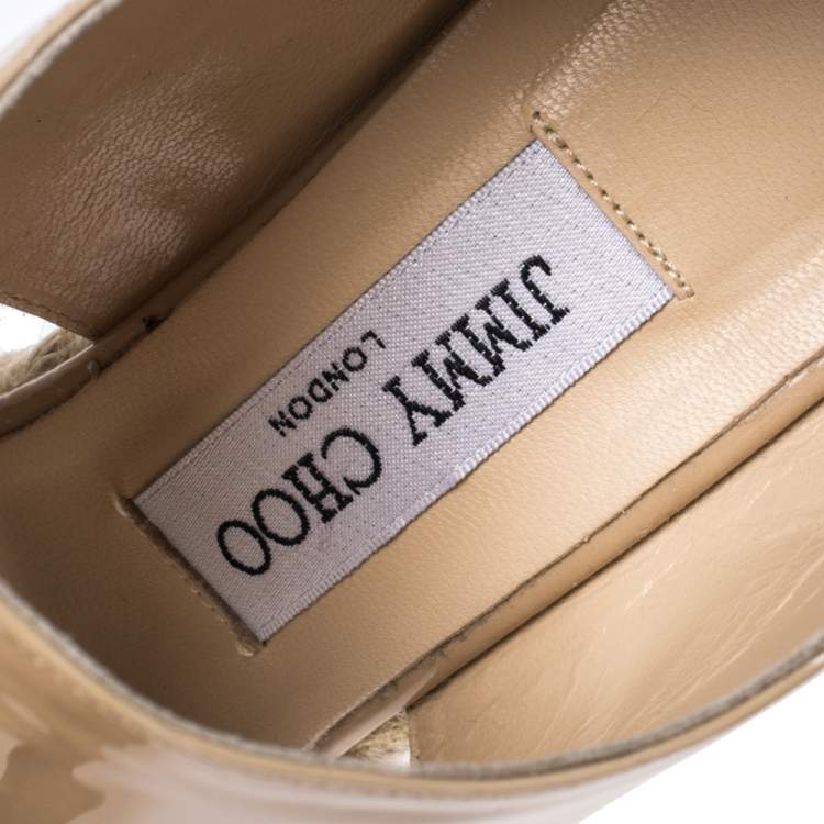 مملوكة مسبقًا Jimmy Choo Beige Patent Patriot Espadrille Wedge Cut Out Booties Size 38.5