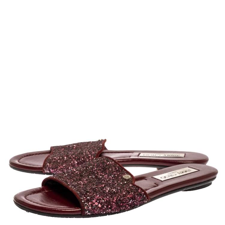 Pre Owned Jimmy Choo Metallic Burgundy Coarse Glitter Nanda Flat Slides Size 38