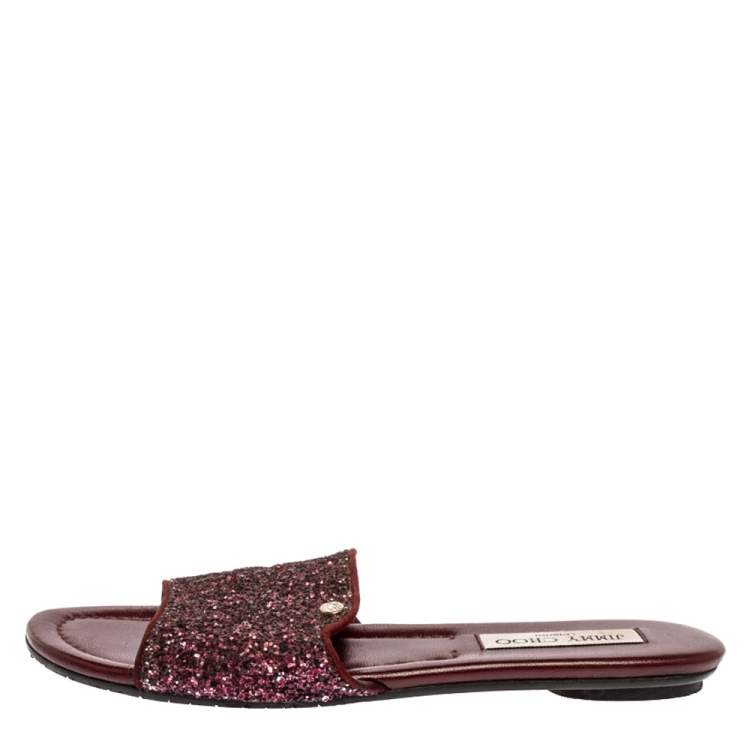 Pre Owned Jimmy Choo Metallic Burgundy Coarse Glitter Nanda Flat Slides Size 38