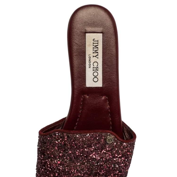 Pre Owned Jimmy Choo Metallic Burgundy Coarse Glitter Nanda Flat Slides Size 38