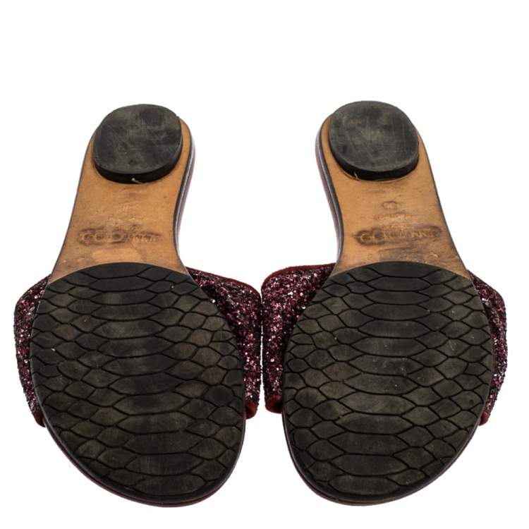 Pre Owned Jimmy Choo Metallic Burgundy Coarse Glitter Nanda Flat Slides Size 38