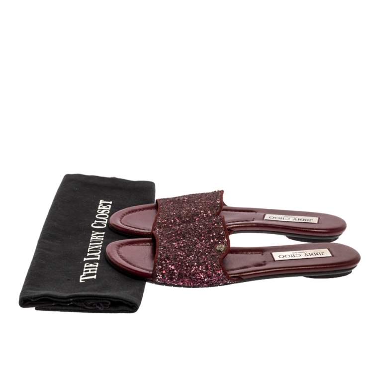 Pre Owned Jimmy Choo Metallic Burgundy Coarse Glitter Nanda Flat Slides Size 38