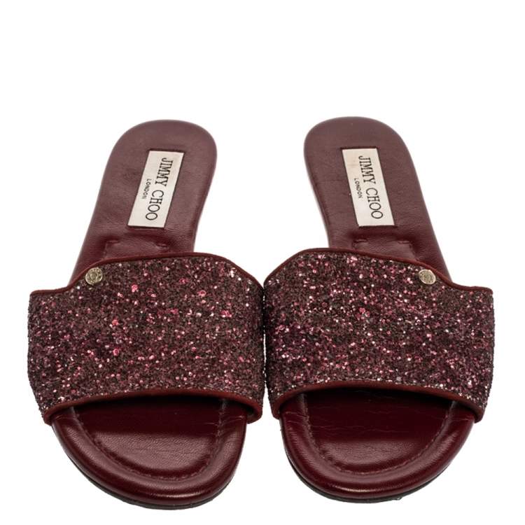 Pre Owned Jimmy Choo Metallic Burgundy Coarse Glitter Nanda Flat Slides Size 38