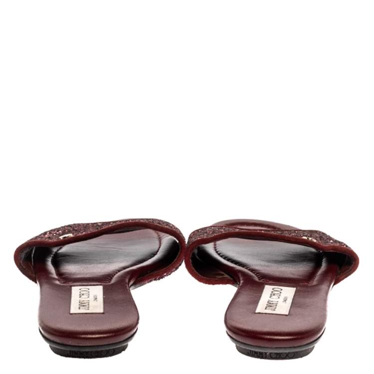 Pre Owned Jimmy Choo Metallic Burgundy Coarse Glitter Nanda Flat Slides Size 38