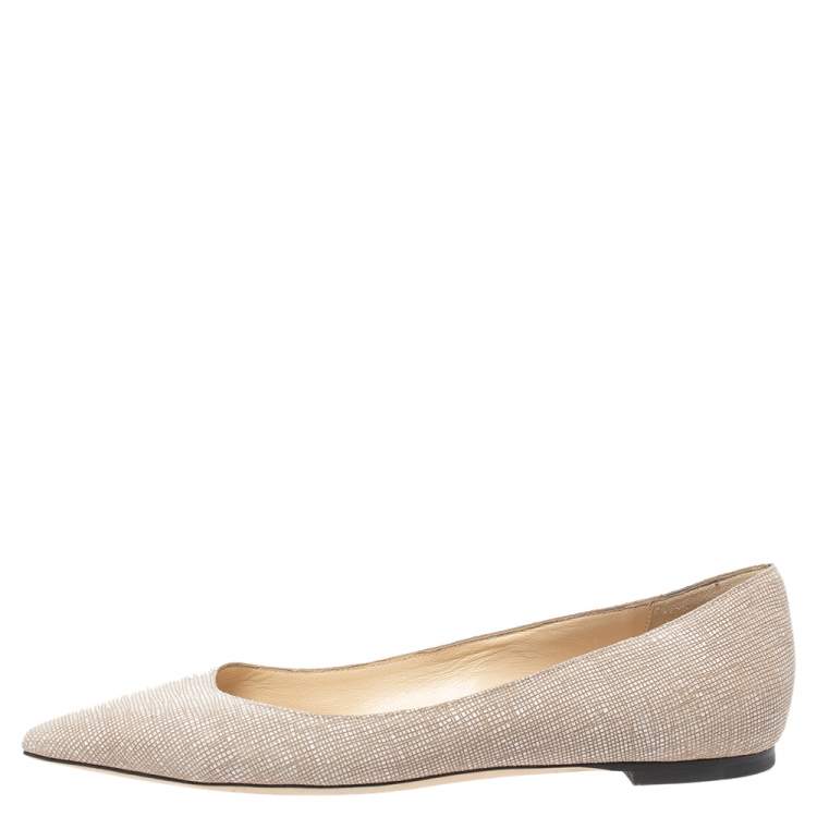 Pre Owned Jimmy Choo Beige/White Textured Leather Romy Ballet Flats Size 38.5
